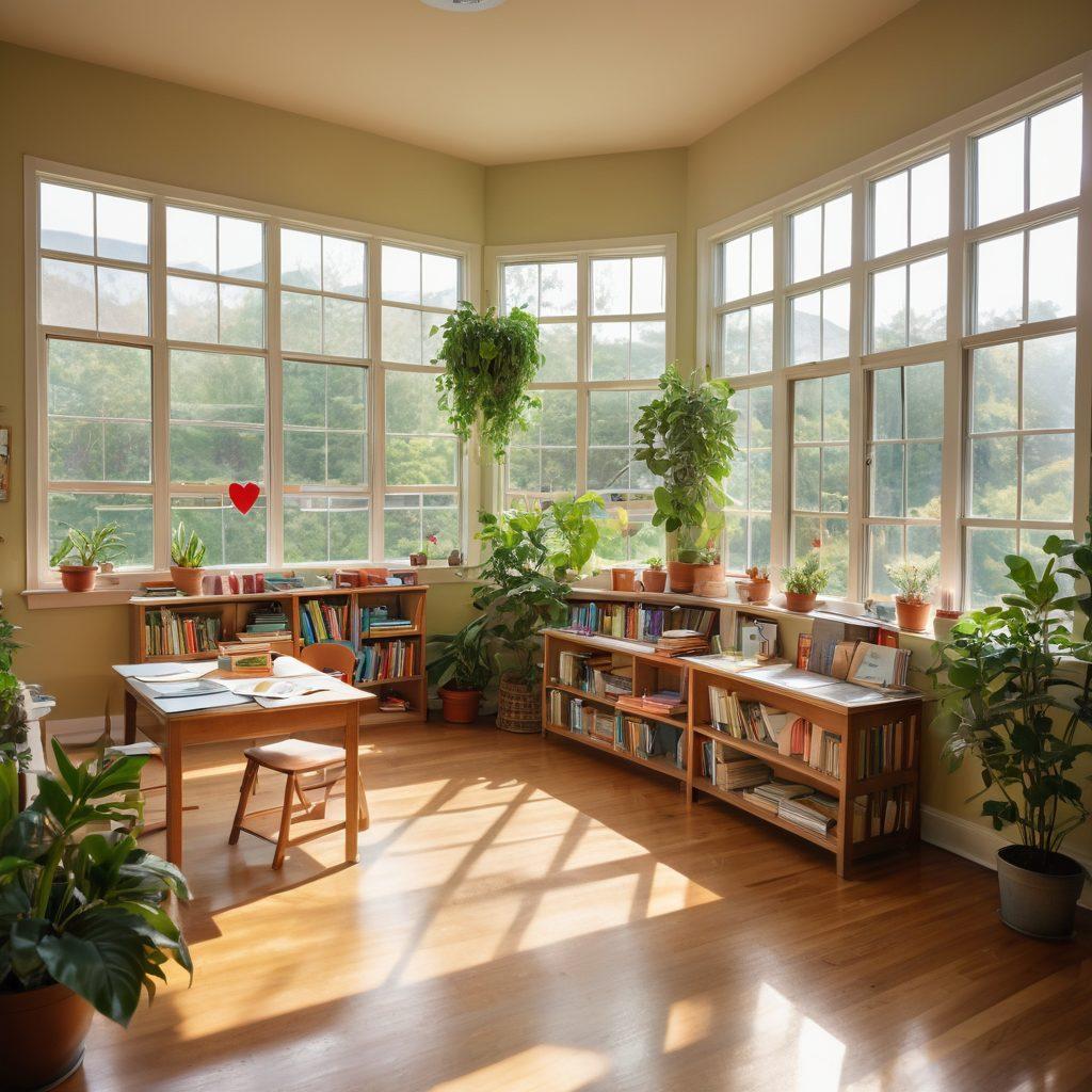 A warm, inviting classroom filled with diverse students engaged in collaborative learning, surrounded by plants symbolizing growth and compassion. Sunlight filters through large windows, creating a nurturing atmosphere. In the center, a heart-shaped arrangement of books and educational tools emphasizes the theme of compassion in holistic education. Artistic, soft colors create a calming effect. vibrant colors. soft focus. watercolor style.