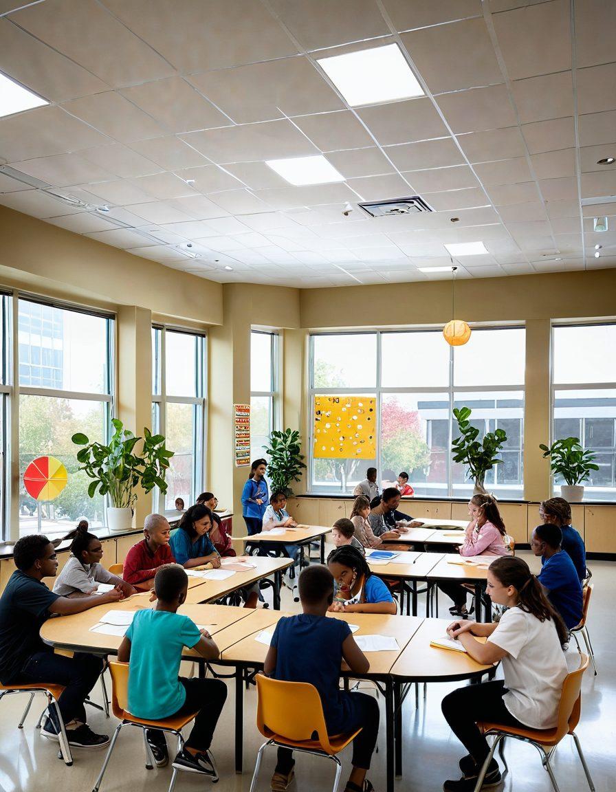 A vibrant scene depicting a diverse group of parents and faculty collaborating in a warm, inviting school environment. Visual elements include an open classroom with students engaged in various activities, parents discussing ideas with teachers, and a large community board showcasing student achievements. Incorporate symbols of growth like flourishing plants and books, embodying the theme of compassion and support. super-realistic. vibrant colors. warm lighting.