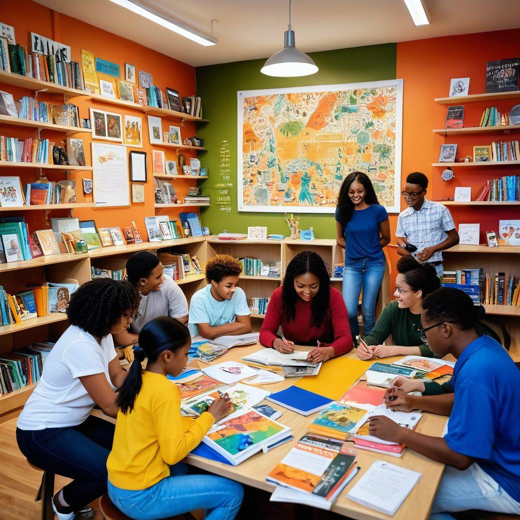 A diverse group of enthusiastic individuals of various ages and backgrounds engaged in learning activities, surrounded by books, technology, and art supplies, symbolizing inclusivity and mentorship. The image should reflect an inspiring atmosphere with warm, inviting colors and motivational quotes on the walls. super-realistic. vibrant colors. inspirational setting.